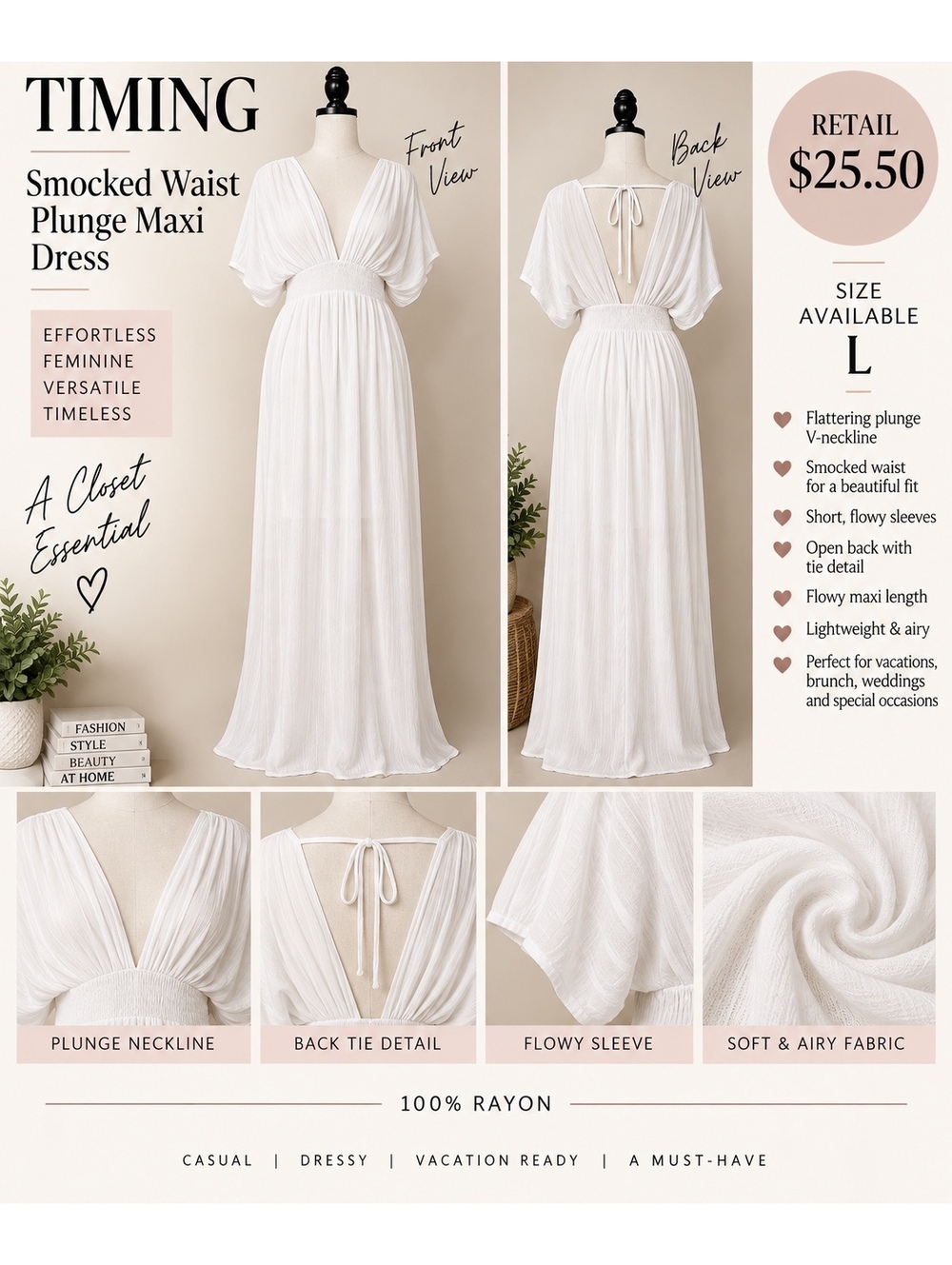 Timing Smocked Waist Plunge Maxi Dress in White, Size L
